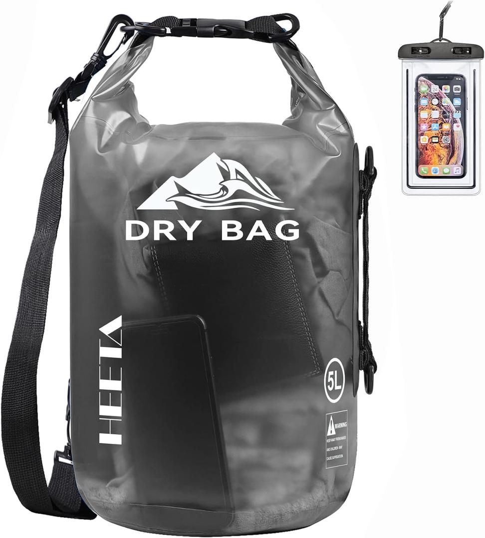 HEETA Dry Bag Waterproof for Women Men, Roll Top Lightweight Dry Storage Bag Backpack with Phone Case for Travel Swimming Boating Kayaking Paddle Board Camping Beach Accessories (Transparent Black, 5L)