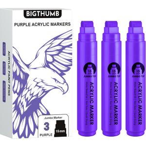 3 Pcs Purple Jumbo Permanent Markers: 15mm Wide Tip Thick Acrylic Paint Pen Large Calligraphy Marker for Rock Painting, Poster, Sign, Canvas, Glass, Wood, Ceramic