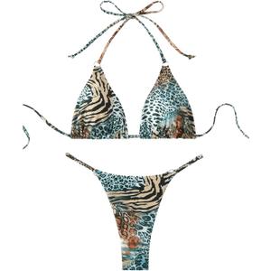 Women's 2 Piece Leopard Animal Print Bikini Sets Halter Tie String Swimsuits High Cut Sexy Bathing Suits (Medium, Multicolor)