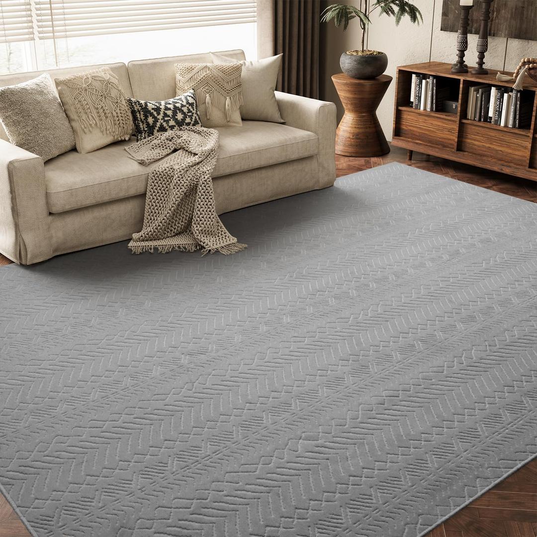 AMOAMI-Washable Area Rugs 8x10-Boho Light Grey Rugs for Living Room Machine Washable-3D for Bedroom-Non Slip Floor Rug-Moroccan Washable Rugs for Bedroom Dining Room