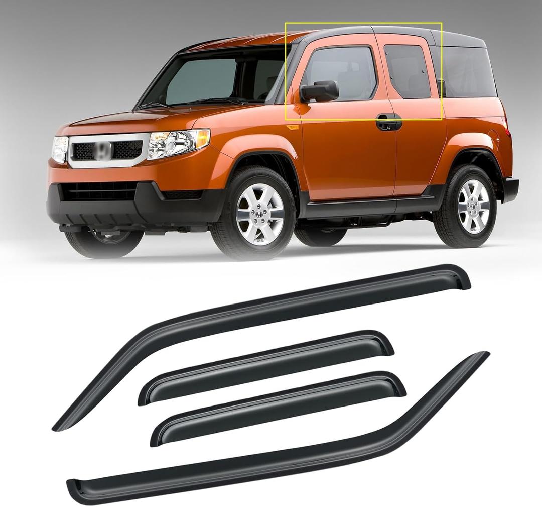 Window Visor for 2003-2011 Honda Element, Rain Guards Shields Vent Deflector Shade Wind Dark Smoke 2004 2005 2006 2007 2008 2009 2010 04 05 06 07 08 09 10, Tape-On, 4PCS (For 03-11 Element)
