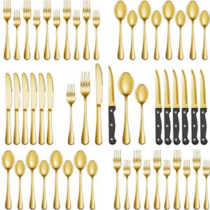 36 Pcs Gold Silverware Set with Steak Knives, Stainless Steel Flatware Cutlery Set Service for 6, Kitchen Tableware Sets, Utensil Sets for Home and Restaurant, Knives Forks Spoon, Dishwasher Safe 36 Pcs Gold Silverware Set with Steak Knives, Stainless Steel Flatware Cutlery Set Service for 6, Kitchen Tableware Sets, Utensil Sets for Home and Restaurant, Knives Forks Spoon, Dishwasher Safe