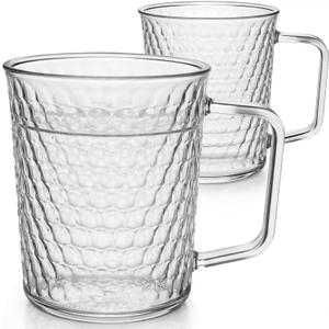 Aquach 20 Oz Glass Coffee Cups, Clear Tea Mugs with Handle, Microwave and Dishwasher Safe Home Office Drinking Mugs Perfect for Americano Cappuccino Hot&Cold Beverages, 2-Pack