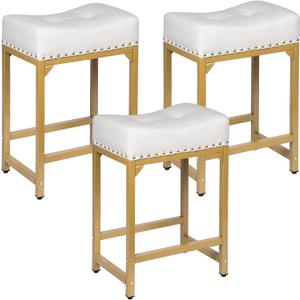 White & Gold Counter Height Bar Stools Set of 3, 24" Bar Stools for Kitchen Island, Modern Counter Stool Set of 3 Backless Saddle Barstools for Kitchen Dining Room White Gold, 24" Set of 3 With Nailhead Trim