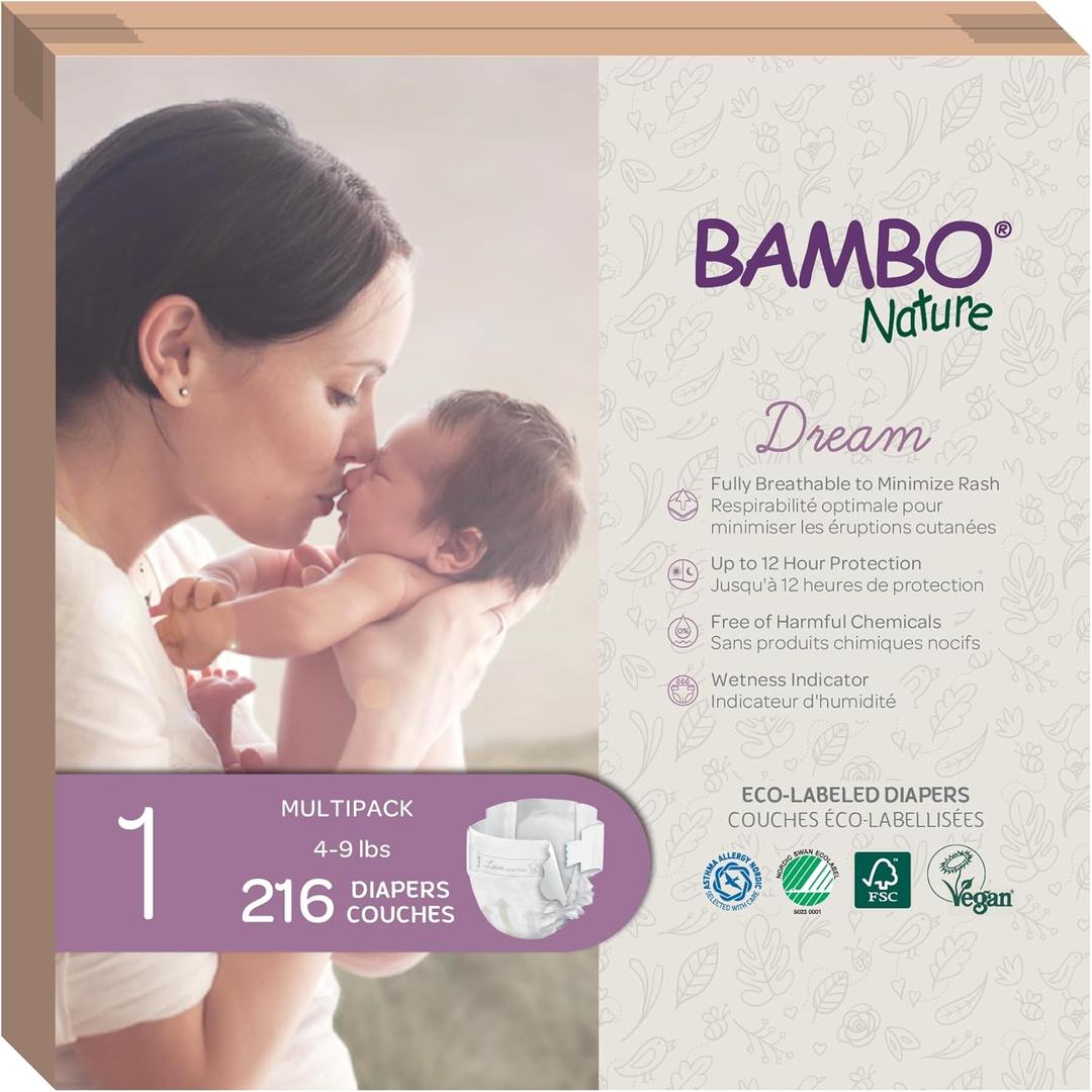 3 x Bambo Nature Hypoallergenic Baby Diapers, Eco-Labelled Sustainable Diapers, Enhanced Leakage Protection, Totally Chlorine-free, Skin Friendly, and Super Absorbent - Size 1 (216 Count)