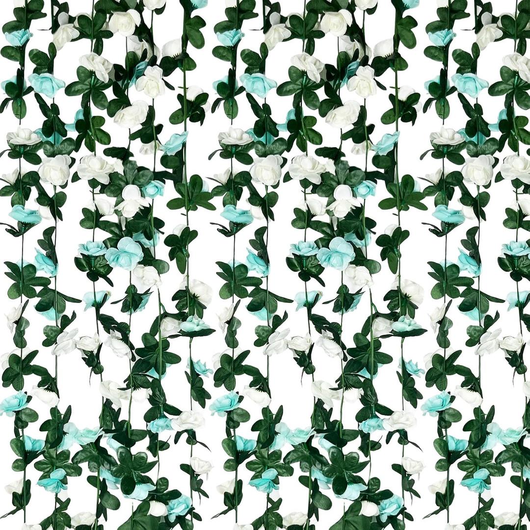 8Pcs 63Ft Teal&White Rose Garland, Fake Rose Hanging Flowers, Artificial Flower Vine, Hanging Floral Vine Garland for Wedding, Birthday Party, Wall Arch, Halloween, Christmas Garden Backdrop Decor