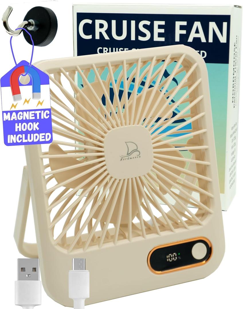 Cruise Ship Approved Fan  Up To 16 Hours Battery Life, USB Rechargeable, Battery-Powered Travel Fan for Sleeping  Magnetic Hook Included for Easy Hanging on Cabin Walls & Ceilings (Beige)