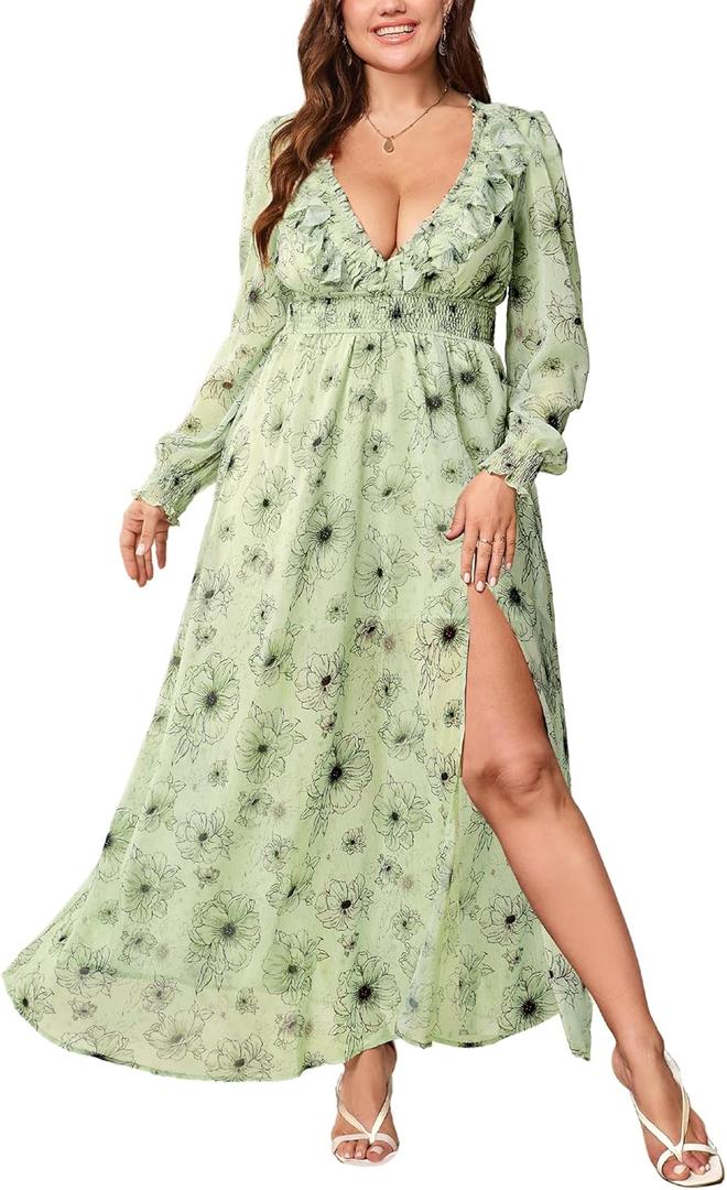 Women's Chiffon Deep V Neck Long Sleeve Maxi Dresses Slit Elastic Waist A Line Flowy Dress, 2XL