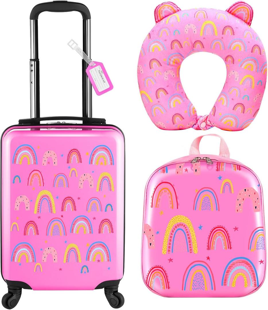 Sanwuta 4 Pcs Kids Luggage Set Kids Backpack Travel Rolling Suitcase with Wheels U-shape Pillow Children's Gift for Girls Boys (17 Inch, Rainbow Style, Pink)