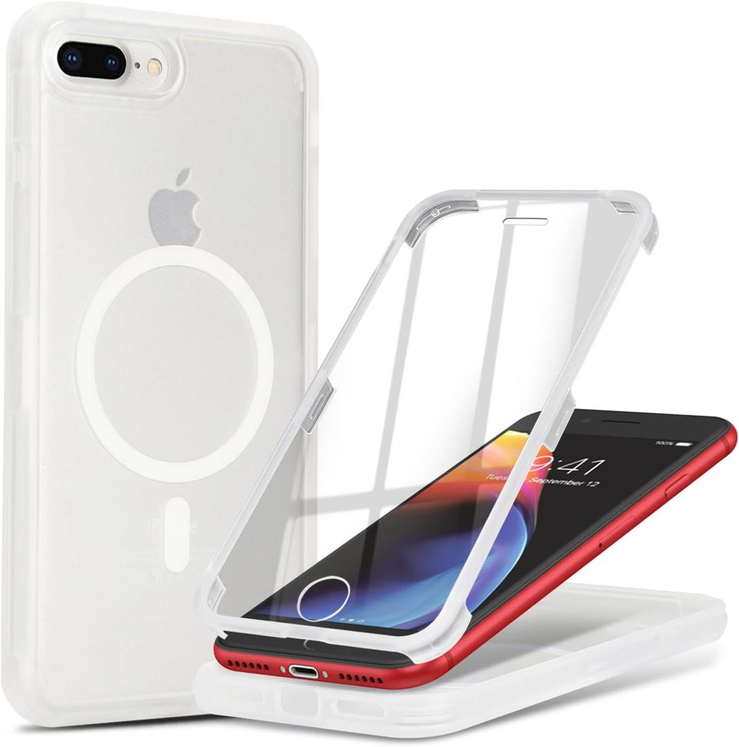 for iPhone 8 Plus Case with Built-in Screen Protector Anti-Scratch,for Apple iPhone 7 Pus Protective Phone Cases,Compatible with MagSafe for Men Women-White