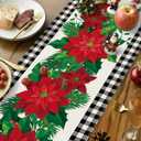 OTOSTAR Black and White Buffalo Check Plaid Holly Christmas Flowers Table Runner, Xmas Seasonal Winter Holiday Kitchen Dining Table Decoration for Home Party Decor 13x108 Inch