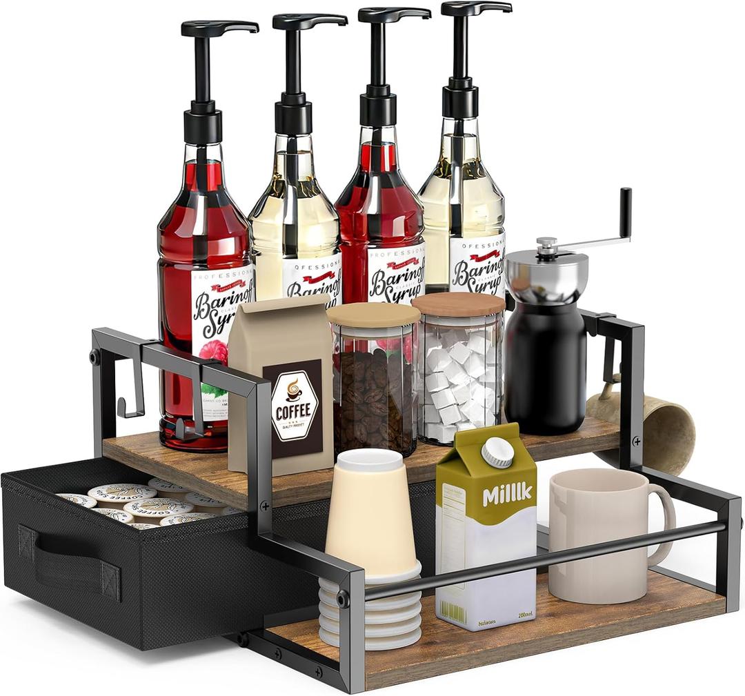 Coffee Syrup Organizer for Countertop, 2-Tier Coffee Bar Organizer with K Cup Storage Drawer, Syrup Rack Station for Accessories, Table Holder Stand for Wine,Tea,Condiment (Rustic Brown)