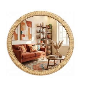 Barnyard Designs Rattan Wall Mirror, Round Farmhouse Boho Accent for Bathroom, Entryway or Bedroom, Handwoven Natural Honey Rattan Frame (25.5", Round)