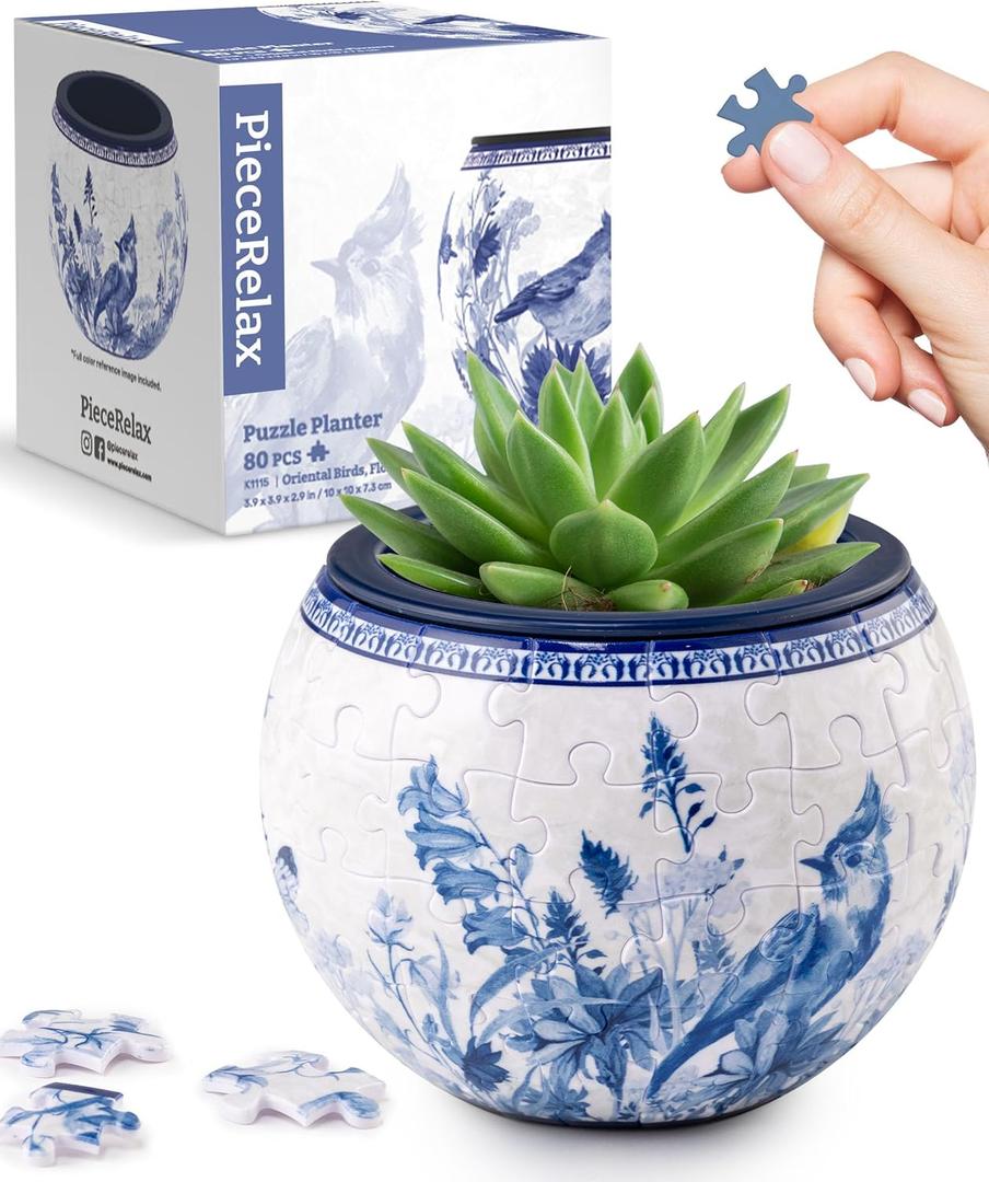PieceRelax 3D Puzzle Planter 80 Pieces - Flower Pot - Oriental Birds and Flowers, for Mom, Home Decor Flower Pots for Indoor Cactus, Succulents Pots [K1115]