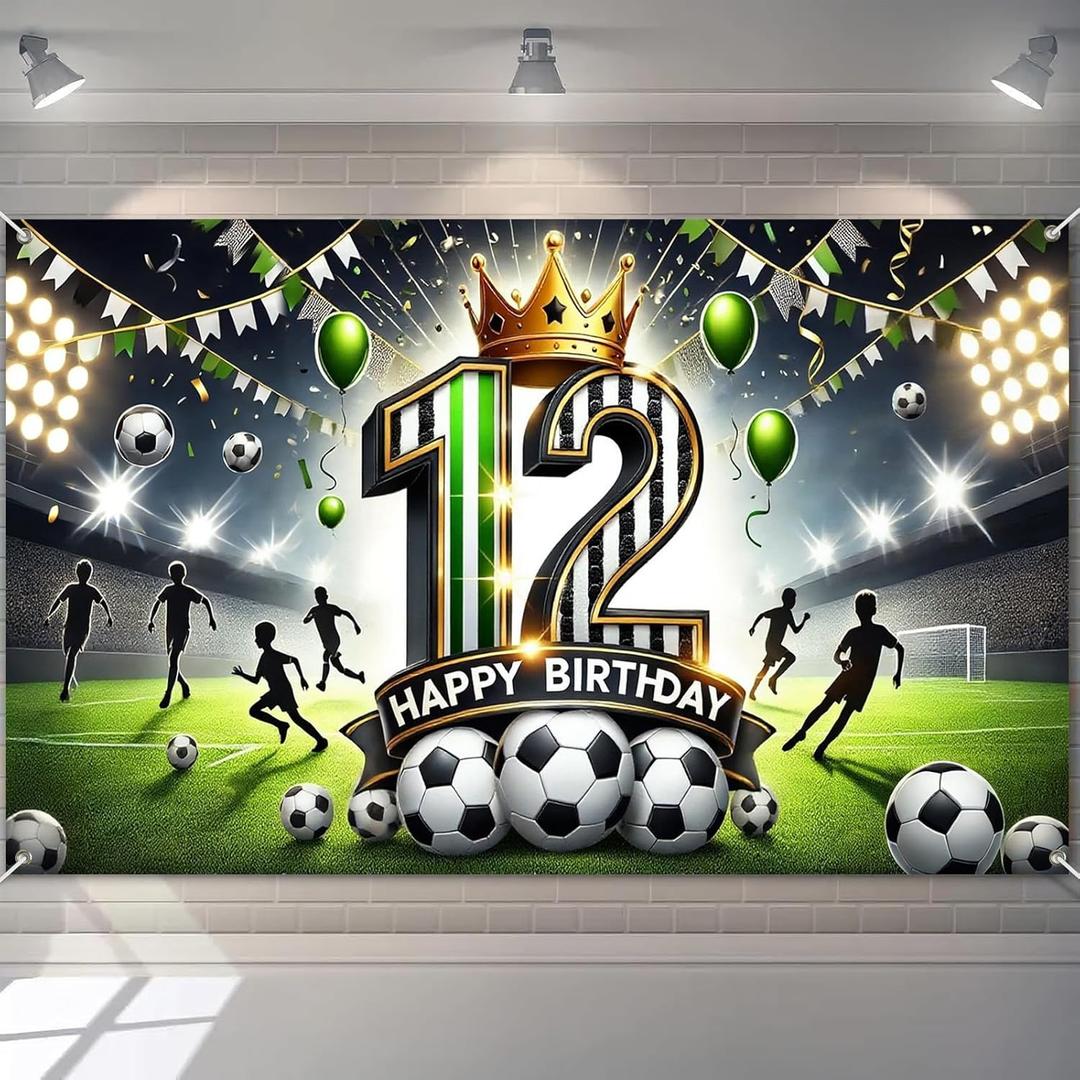 BlissYard Happy 12th Birthday Soccer Theme Party Banner Large Stadium Backdrop Decor for Twelfth Birthday Celebration Green Gold Crown Number Twelve Prop Polyester Fabric Sports Event Scene
