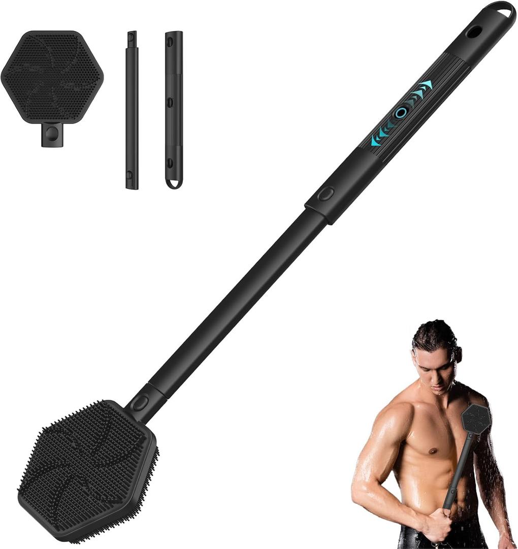 Back Scrubber for Shower, 24in Adjustable Handle Body Brush, Double Sided Shower Brush for Shower Exfoliating and Massage Can Produce Rich Foam, Long Handle Back Scrubber for MenHexagon (Octagonal Black)