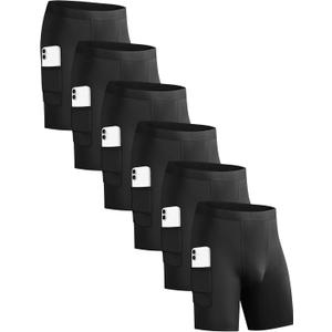 6 Pack Compression Shorts with Pocket Men Sports Workout Performance Athletic Running Underwear Shorts Spandex (Black, S)