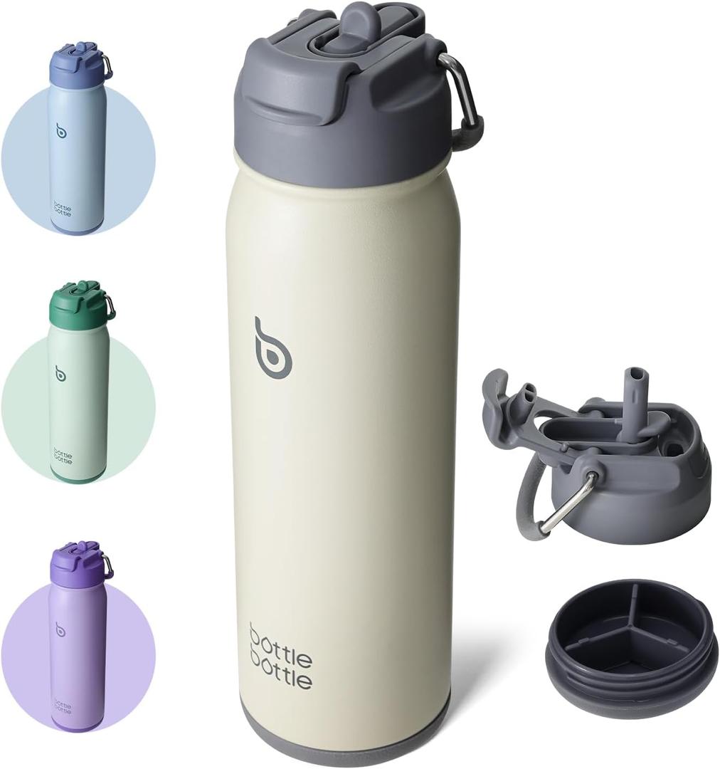 BOTTLE BOTTLE 24oz Insulated Water Bottle Stainless Steel Sport Water Bottle with Straw and Adjustable Lid Daily Pill Organizer (gray)