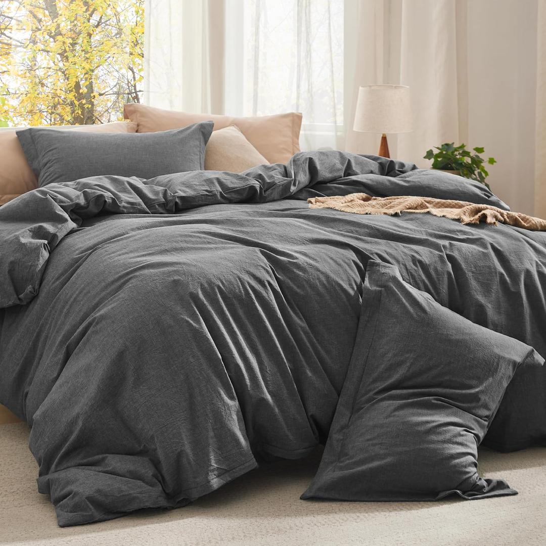 Bedsure Comforter Set Queen Size - Cotton Fabric with Microfiber Inner Fill, Dark Grey PureWoven Soft Bed Set for All Seasons, 3 Pieces, 1 Comforter (90"x90") and 2 Pillow Cases (20"x26")
