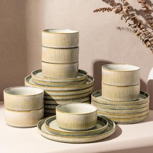 GBHOME 24-Piece Stoneware Dinnerware Set for 8 Ribbed Ceramic Plates and Bowls, Scratch-Resistant, Microwave & Dishwasher Safe, Reactive Glaze, Desert Sage