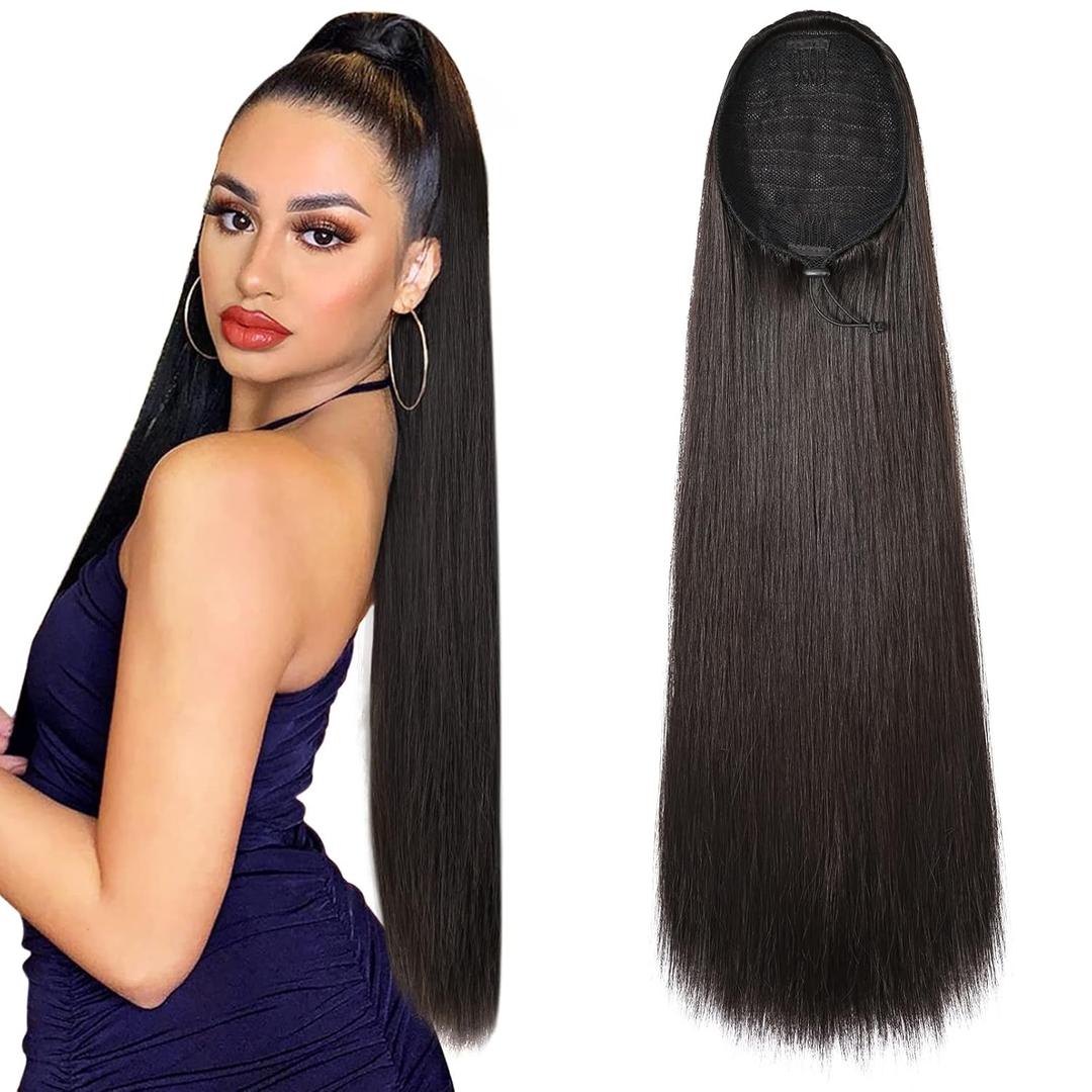 SEIKEA 28" Ponytail Extensions Drawstring Long Straight Fake Pony Tail Natural Soft Clip in Hair Extension Synthetic Heat Resistant Hairpiece - Black Brown