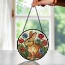 Easter Bunny Flower Stained Glass Window Hanging, Bunny Rabbit Floral Sun Catchers Indoor Window Round Glass Wall Art Decor, Easter Rabbit Suncatcher Wall Hanging Decorations, 7.9x7.9 inch
