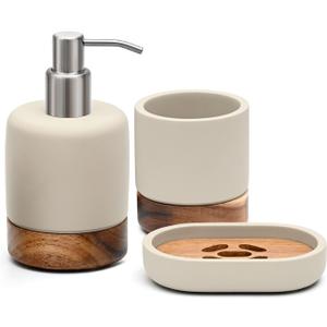 Bathroom Accessories Set 3 Piece Bath Ensemble Includes Soap Dispenser, Tumbler, Dish for Decorative Countertop & Housewarming Gift (Concrete with Acacia Wood)
