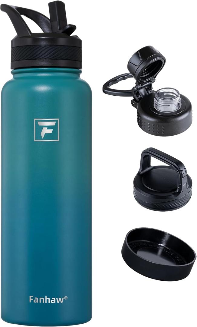 Fanhaw 40 oz Insulated Water Bottle  Stainless Steel Flask with 3 Lids (Straw, Spout, Carabiner) | Durable, Leakproof, for Hiking, Camping, Outdoor Adventures & Travel (Green Blue)