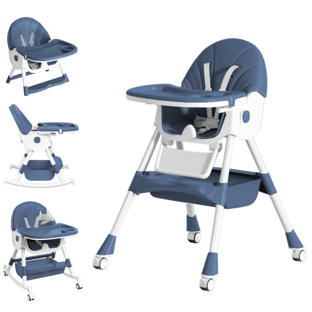 Baby High Chair, 5 in 1 High Chairs for Babies and Toddlers, Travel Foldable High Chair with Foot Rest, Detachable PU Cushion, Double Removable Tray, Adjustable Height & Recline, Locking Wheels (Navy Blue)