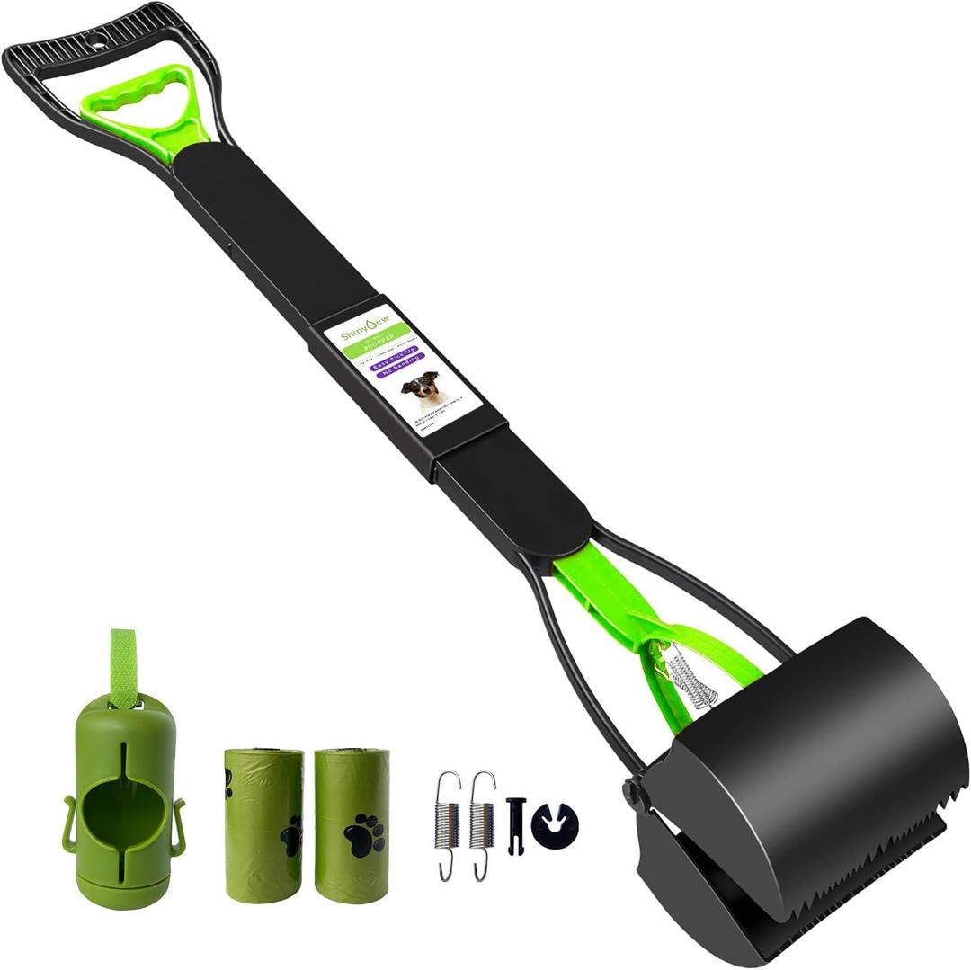 32" Pooper Scooper for Large Small Dogs with 30 Dog Poop Bags & Dispenser Attachment, Extra Long Handle Heavy Duty Poop Scoop, Foldable Dog Poop Picker Upper for Yard