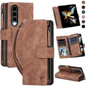 for Samsung Galaxy-Z-Fold-4 Wallet Case: with RFID Blocking Card Slots (6 Cards) & Hidden S Pen Holder | Soft PU Leather Magnetic Snap Zipper Wrist Strap Protective Phone Cover - Brown