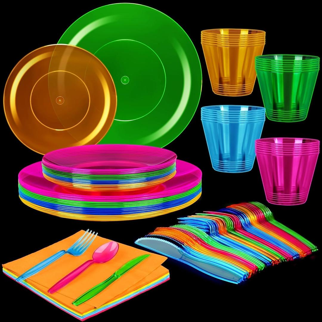 112 PCS Neon Party Supplies-Serves 16, Including Disposable Plastic Neon Party Plates, Cups, Cutlery, Napkins for Neon Assorted Glow Party, Blacklight, Birthday Halloween Party Favors