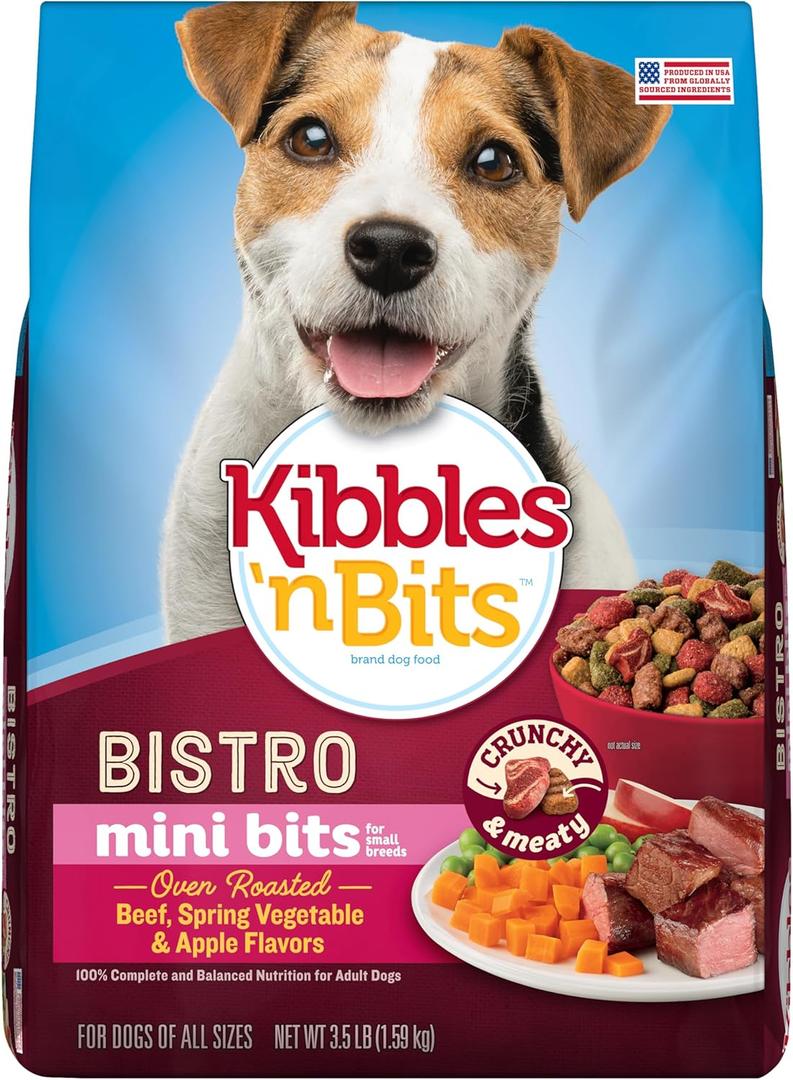 Kibbles n Bits Bistro Mini Bits Small Breed Dry Dog Food, Oven Roasted Beef, Spring Vegetable and Apple Flavors for Adult Dogs, 3.5 lb. Bag (Pack of 4)