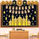Gilprop Ramadan Bulletin Board Decorations Set Hosgeldin Ramadan Classroom Decor with 3D Paper Fans Black Gold Mosque Eid Moon Star Lantern Cutouts for Wall Door Muslim Holiday Mubarak Eid Display