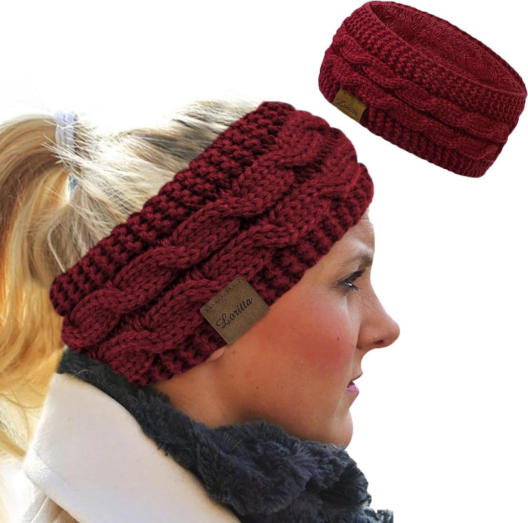 Loritta Womens Ear Warmers Headbands Winter Warm Fuzzy Cable Knit Head Wrap Fleece Lined Gifts (Pure Color- Pure Wine Red(1 Pack))