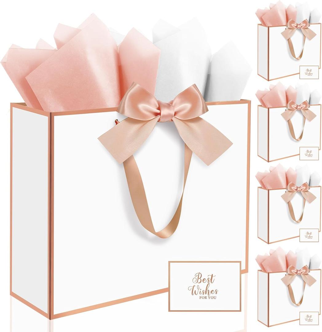 Ethhqu 5Pack Elegant Large Gift Bags with Handles, 12.6x10x4 Inch - Set Includes Tissue Paper & Cards for Birthday, Baby Shower, Wedding, Anniversary, Mothers Day & Holiday Gifts (5Pcs White with Rose Gold Rim)