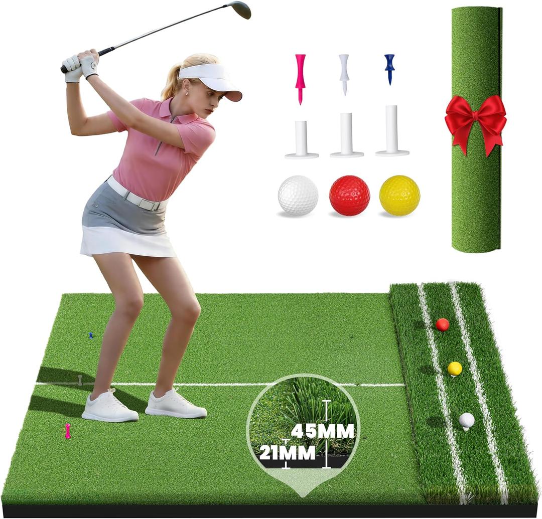 FRUITEAM Dual-Turf 54ft Golf Mat, 21MM-45MM Thickened Golf Hitting Mat, Withstands About 10,000 Shots, Alignment & Angle of Approach Aid, Indoor/Outdoor Practice