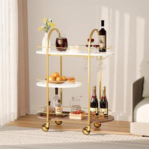 3-Tier Home Bar Serving Cart with Wheels & Glass Holder, Gold, Large