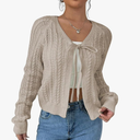GORGLITTER Women's White Cropped Cardigan Tie Front Cardigan Cable Knit Sweater, Size S