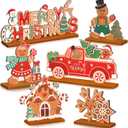 Menkxi 6 Pcs Christmas Wooden Table Decorations Merry Christmas Sign Wood Table Centerpiece Gingerbread Man Snowflake Centerpieces for Coffee Table Holiday Xmas Dinner Party Decor