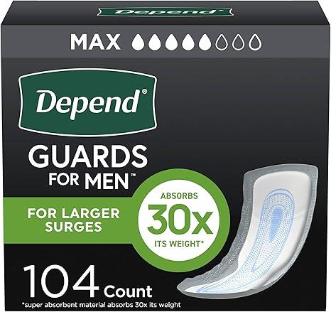 Depend Guards Incontinence Pads for Men, Maximum Absorbency, 104 Count (2 Packs of 52), Packaging May Vary