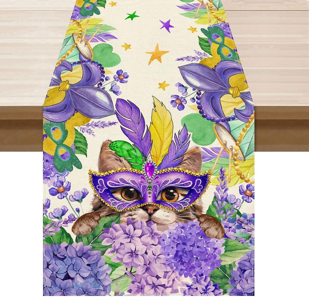 2 x XCHI Mask Cat Iris Fleur De Lis Flowers Mardi Gras Table Runner Carnival Table Decoration for Masquerade Party Home Kitchen Dining Holiday Decor 13x60 Inch