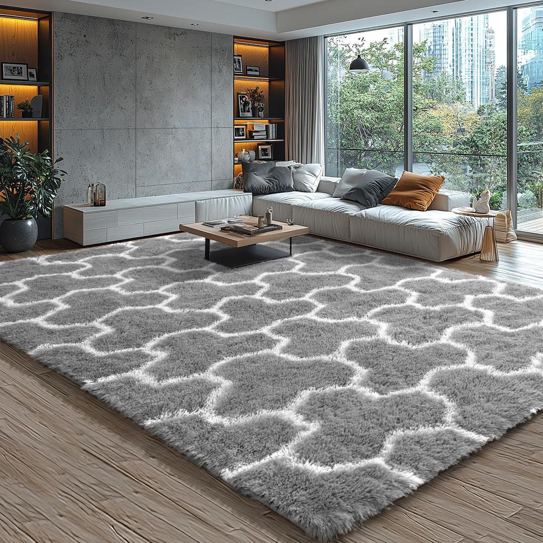 EVOIONOS 5x7 Washable Large Area Rug for Living Room, Grey and White Geometric Pattern Fluffy Shag Rug for Bedroom, Ultra Soft Plush Non Slip Carpet for Indoor Floor Nursery Kid Home Decor Aesthetic