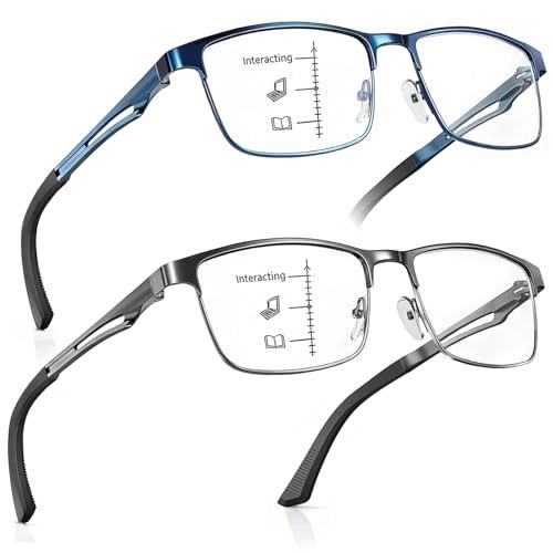 SKYFUEN Progressive Multifocus Reading Glasses for Men Metal Frame No-Line Anti-Blue Light Computer Readers with Spring Hinges, 1.75x