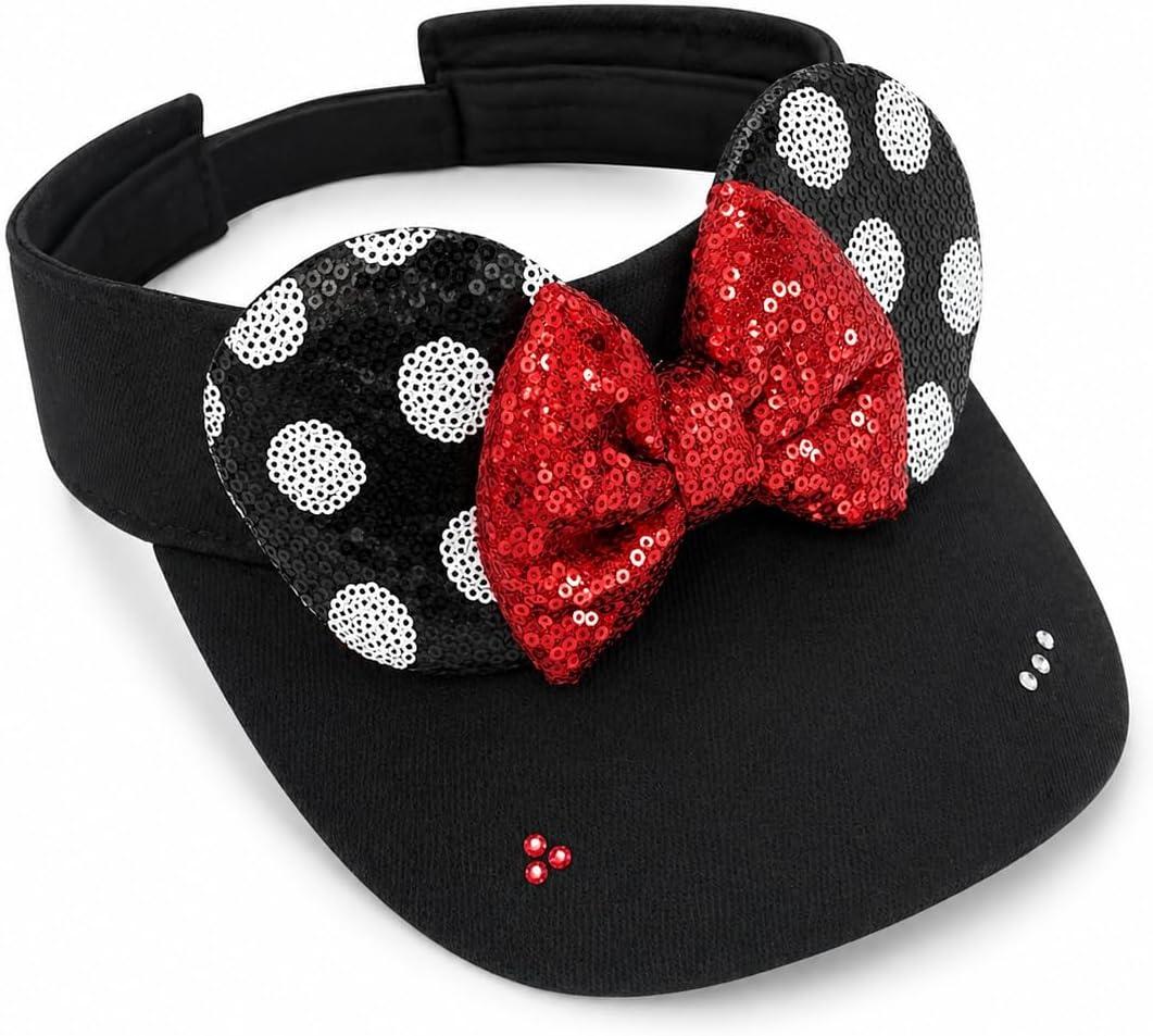 Sparkly Mouse Ears Visor Hat for Adult Women, Adjustable Sun Visor Cap with Sequin Mouse Ears Bow, Cute Party Headwear Glitter Visor Hat with Ears for Theme Parks & Festivals Black (Black, S)