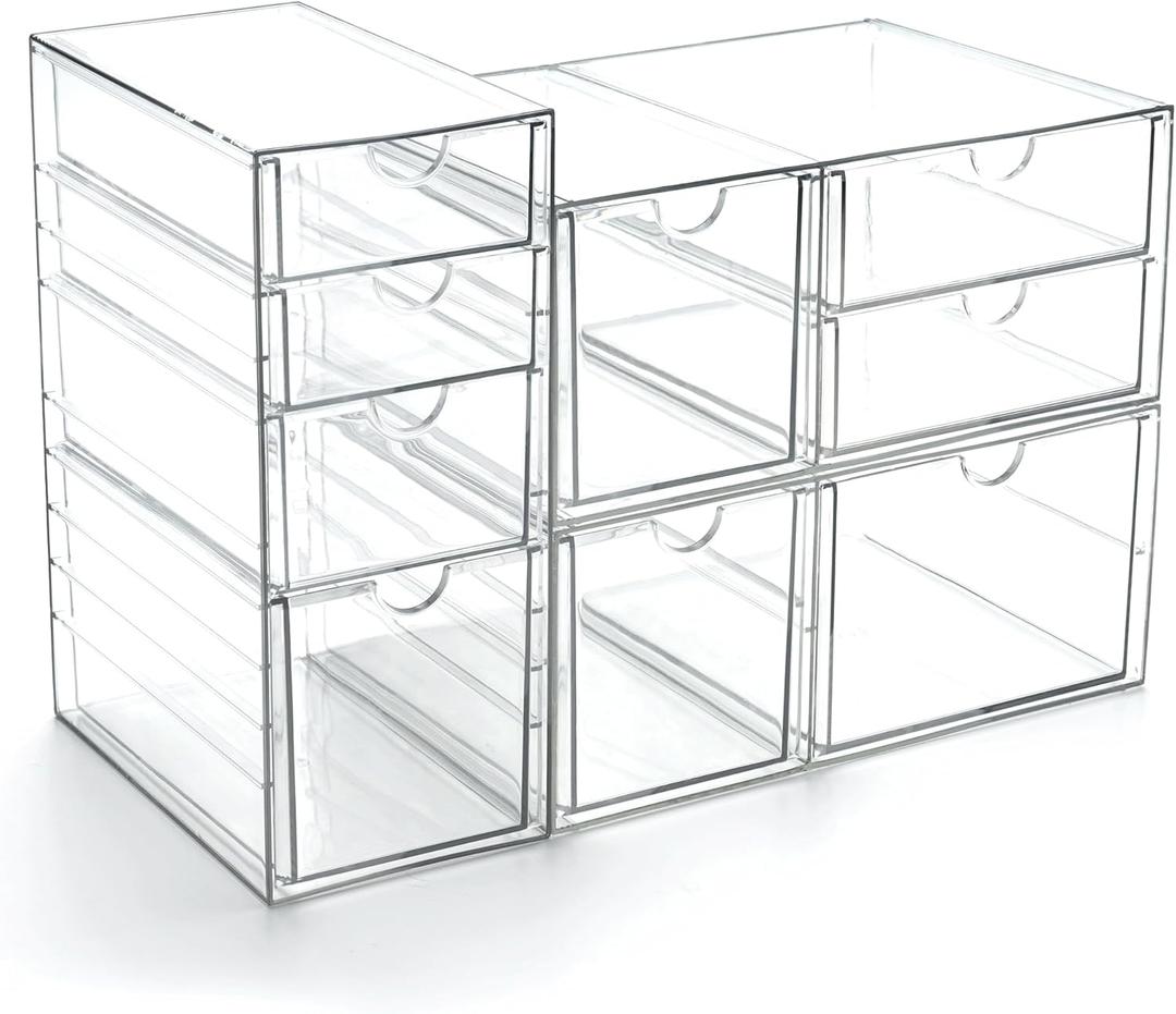 Prsildan Acrylic Drawer Makeup Organizer with 9 Drawers, Set of 3 Office Desk Organizers Accessories, Clear Stackable Storage Drawers for Vanity, Countertop, Craft, Jewelry, Art Supply Organization