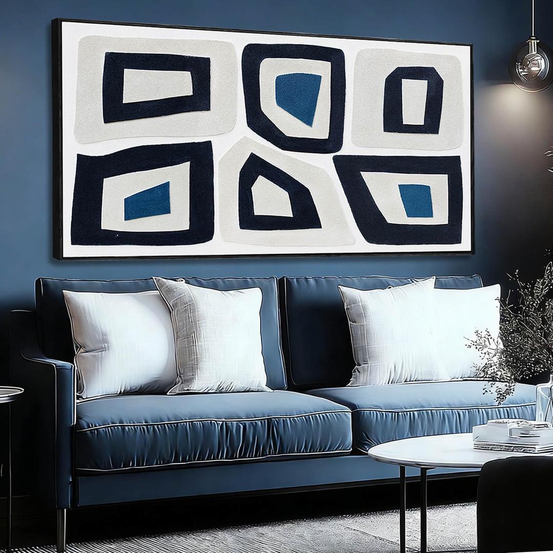Black And White Wall Art Geometry Beige Abstract Blue Canvas Pictures Oil Paintings With Black Framed Arts for Living Room Bedroom Office 24"x48"