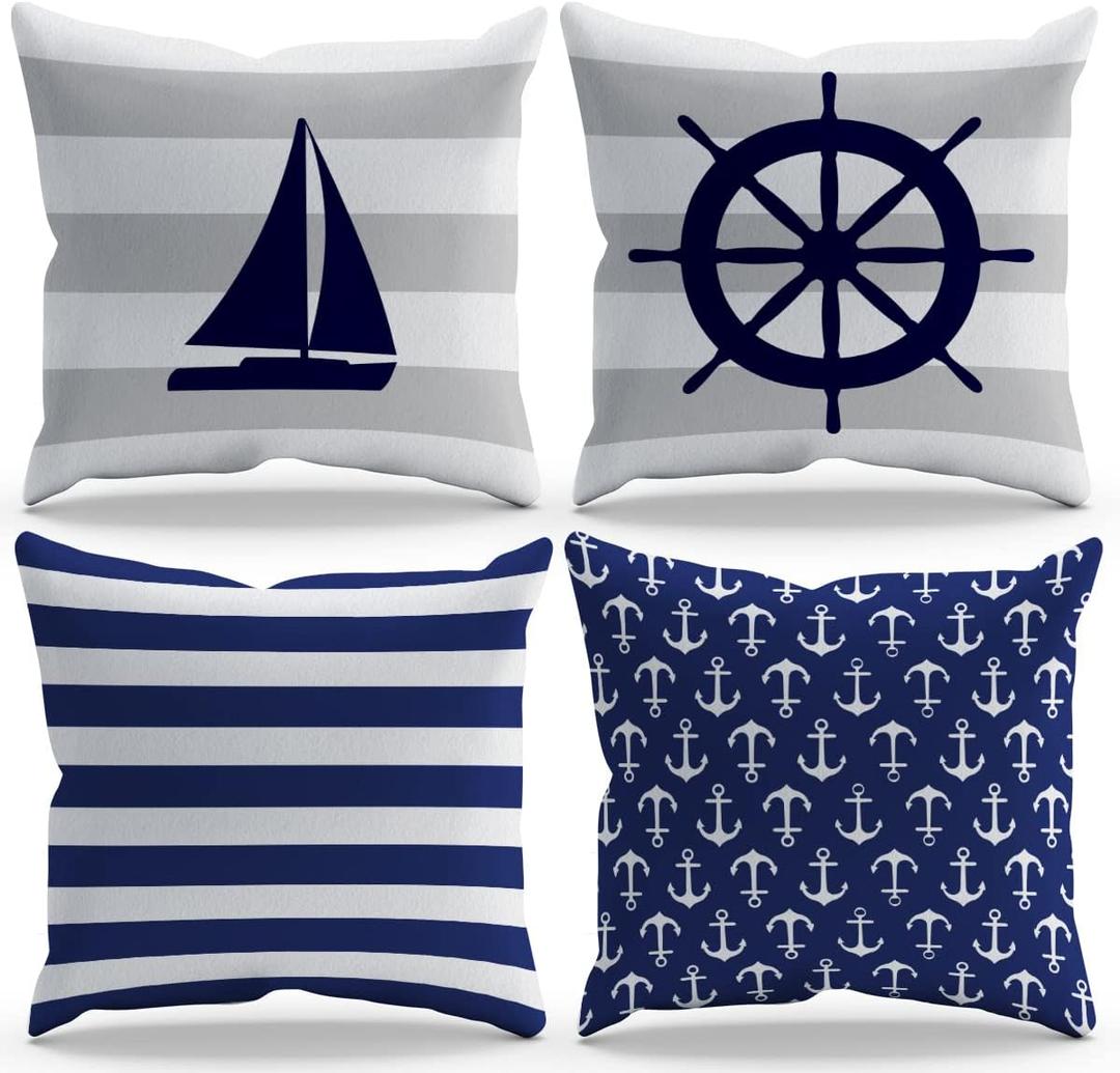 Navigation Sailboat Boat Helm Lighthouse Boat Anchor Throw Pillow Cover Pillowcase Farmhouse Navigation Theme 18x18 Inch Set Of 4 Decor For Home Bedroom Bathroom Guest Room Hotel Gifts For Sea Lover