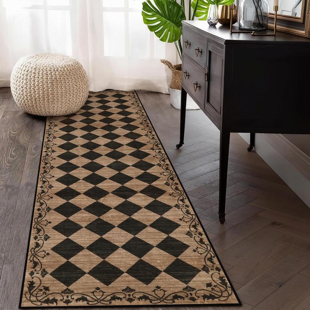 Beeiva Checkered Hallway Runner Rug 2.5x8 Vintage Kitchen Runner Rugs Non Skid Washable 8ft, Stain Resistant Ultra Thin Entryway Decor Framhouse Fall Diamond Carpet for Bathroom Besides (Brown/Black)