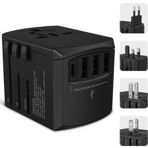 Universal Travel Adapter, International Power Plug Adapter with 3 USB-A and 1 USB-C Ports, Worldwide Travel Essentials AC Outlet Converter Wall Charger for US Europe UK AUS (Type C/G/A/I)